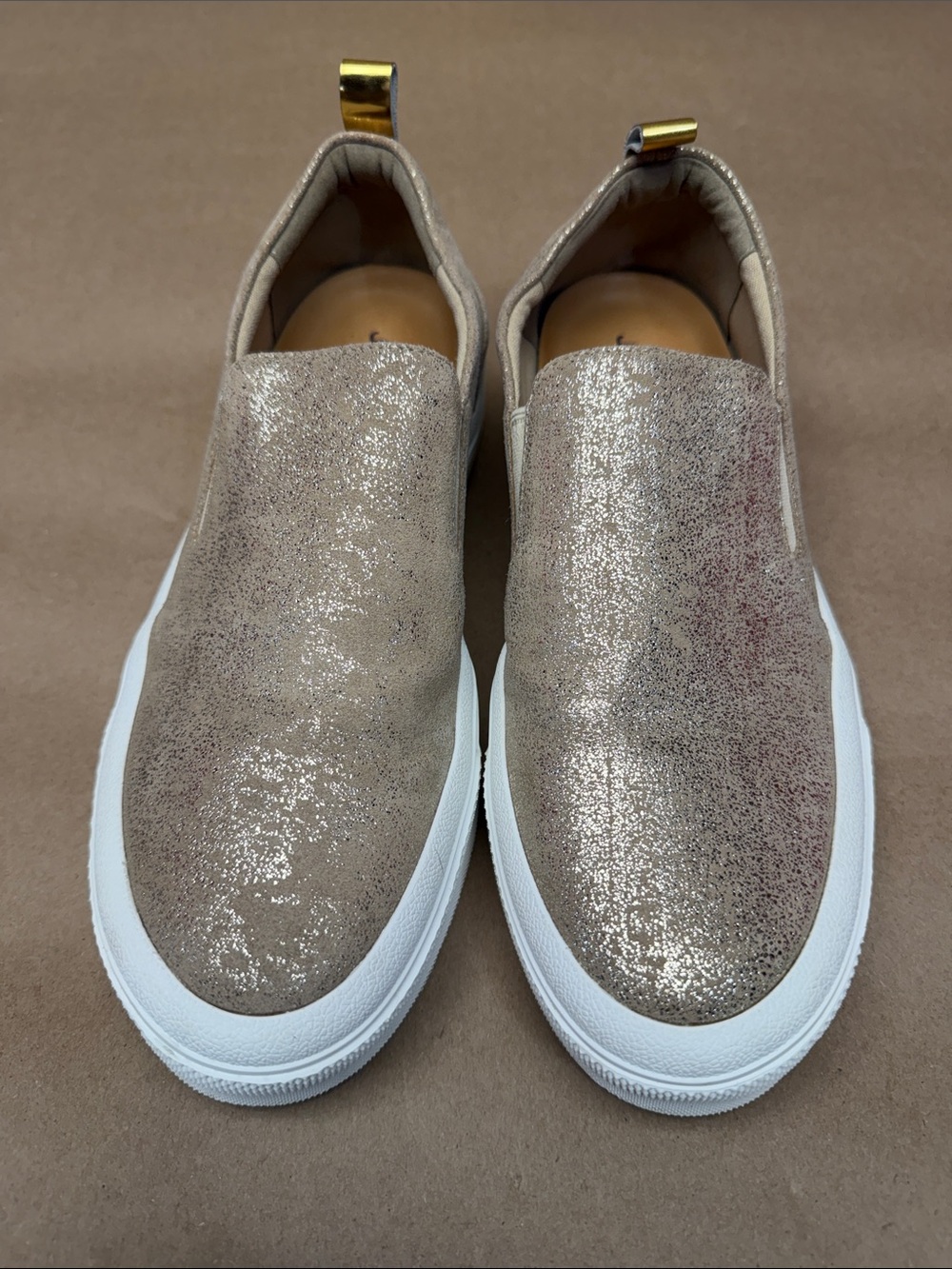J Slides Glitter Slip-On Mules in Taupe with Gold Accent
